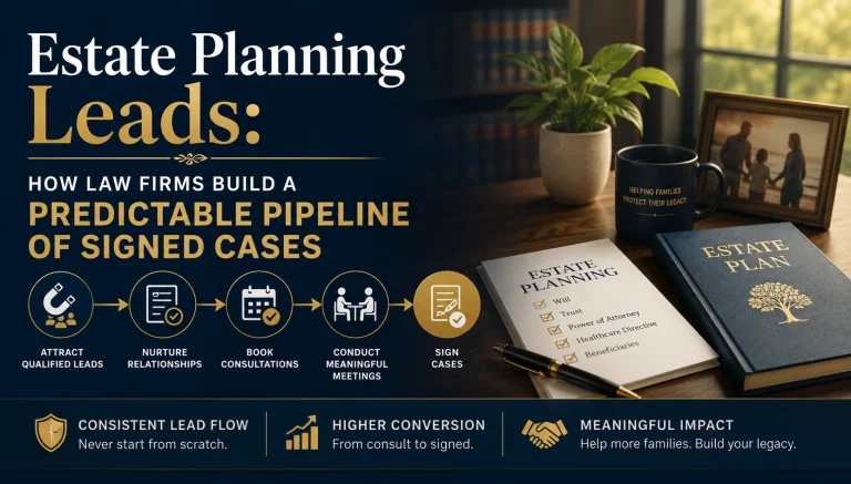 Horizontal featured image showing an estate planning law office desk with legal documents, a pen, an estate plan binder, and family photo. A visual client acquisition pipeline illustrates lead generation through signed cases, while large text overlay reads: ‘Estate Planning Leads: How Law Firms Build a Predictable Pipeline of Signed Cases.’