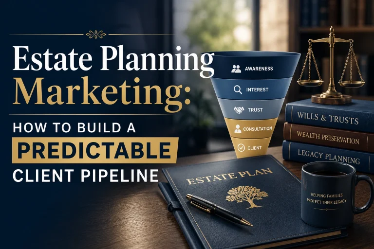 Horizontal featured image showing an estate planning attorney reviewing documents with a client, alongside a marketing growth chart and digital lead generation elements. Large text overlay reads: ‘Estate Planning Marketing: How to Build a Predictable Client Pipeline.’