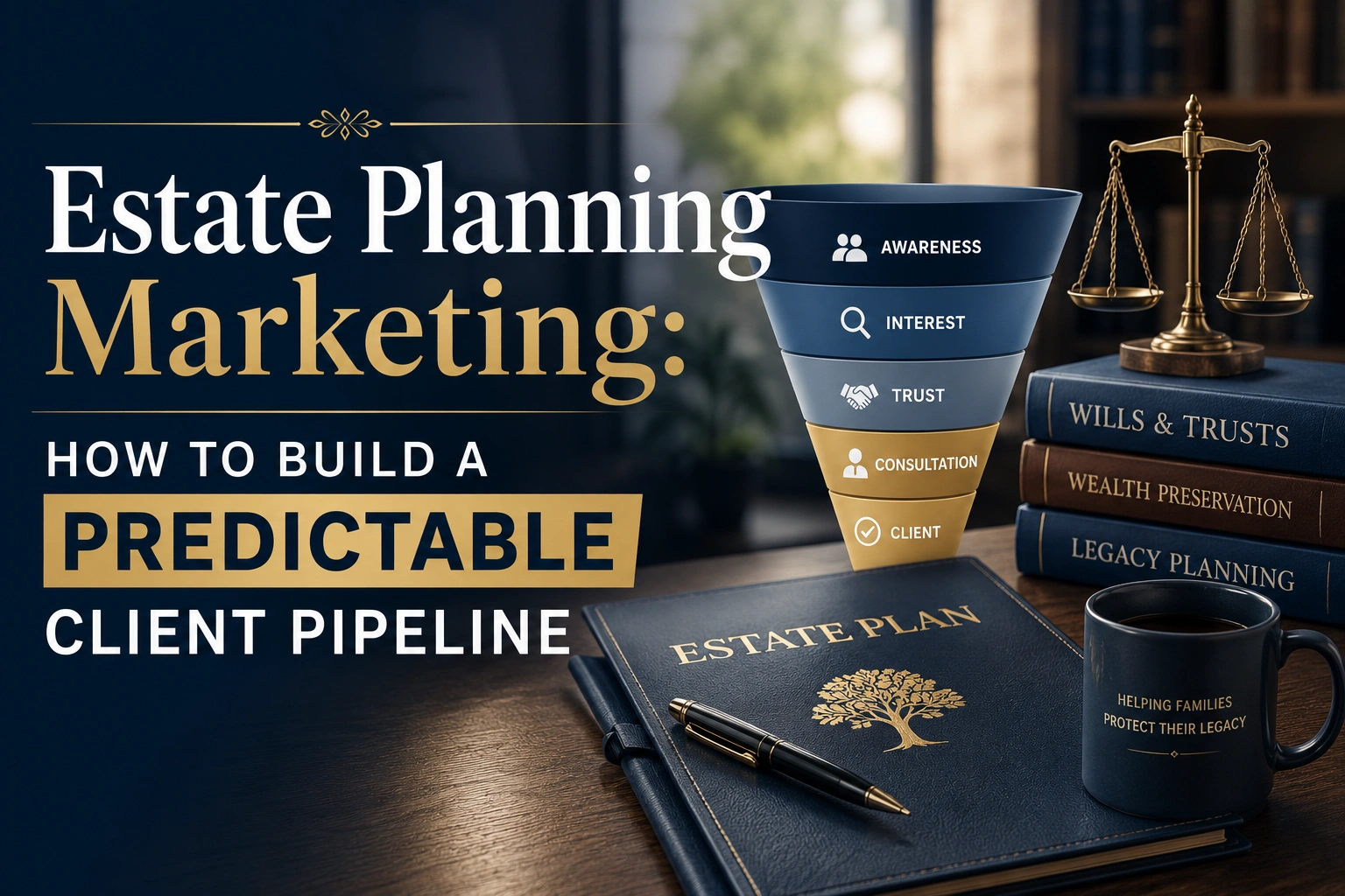 Horizontal featured image showing an estate planning attorney reviewing documents with a client, alongside a marketing growth chart and digital lead generation elements. Large text overlay reads: ‘Estate Planning Marketing: How to Build a Predictable Client Pipeline.’