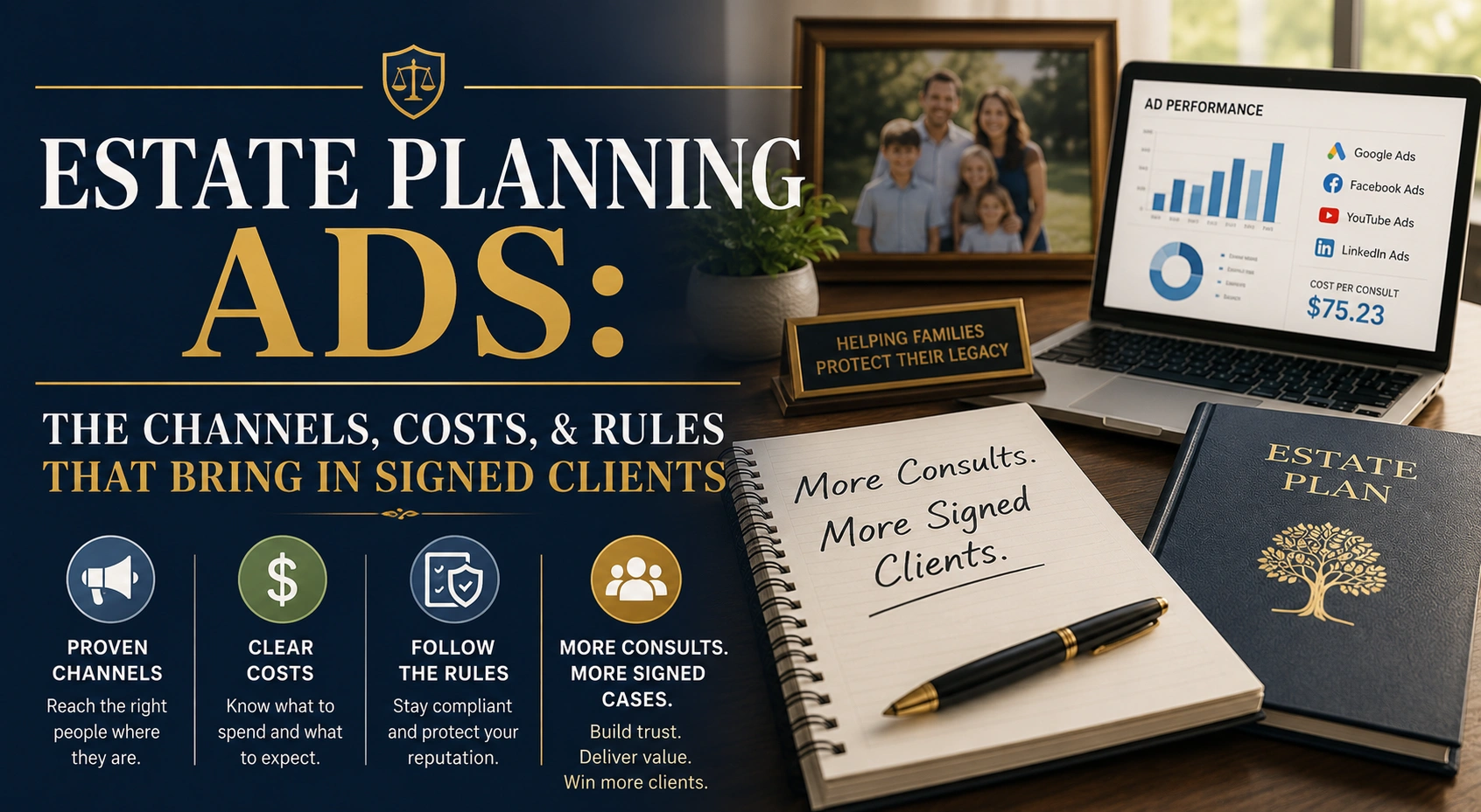 Horizontal featured image showing an estate planning marketing workspace with advertising analytics, legal documents, and an estate plan binder. Digital marketing elements highlight ad channels, costs, and client growth, with large text overlay reading: ‘Estate Planning Ads: The Channels, Costs, & Rules That Bring In Signed Clients.’