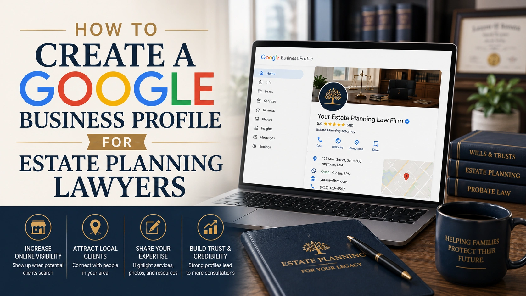 Horizontal featured image showing a laptop displaying a Google Business Profile for an estate planning law firm alongside legal books and office accessories. Large text overlay reads: “How To Create a Google Business Profile For Estate Planning Lawyers.”