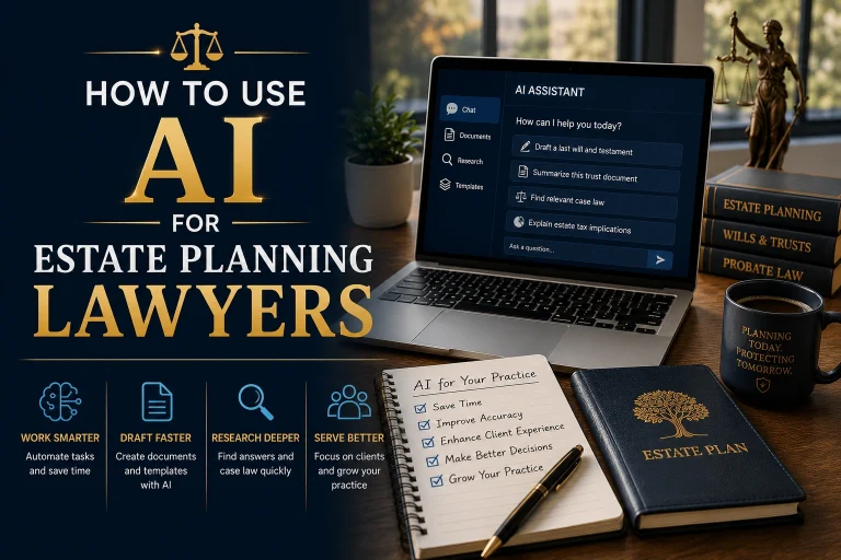 Horizontal featured image showing an estate planning law office desk with a laptop displaying an AI assistant, legal books, notes, and technology elements. Large text overlay reads: ‘How to Use AI for Estate Planning Lawyers.’