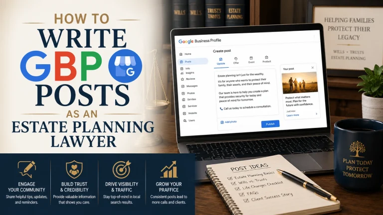Horizontal featured image showing a laptop displaying a Google Business Profile post editor for an estate planning law firm, alongside a notebook of post ideas, legal office décor, and a coffee mug. Large text overlay reads: ‘How to Write GBP Posts as an Estate Planning Lawyer.’