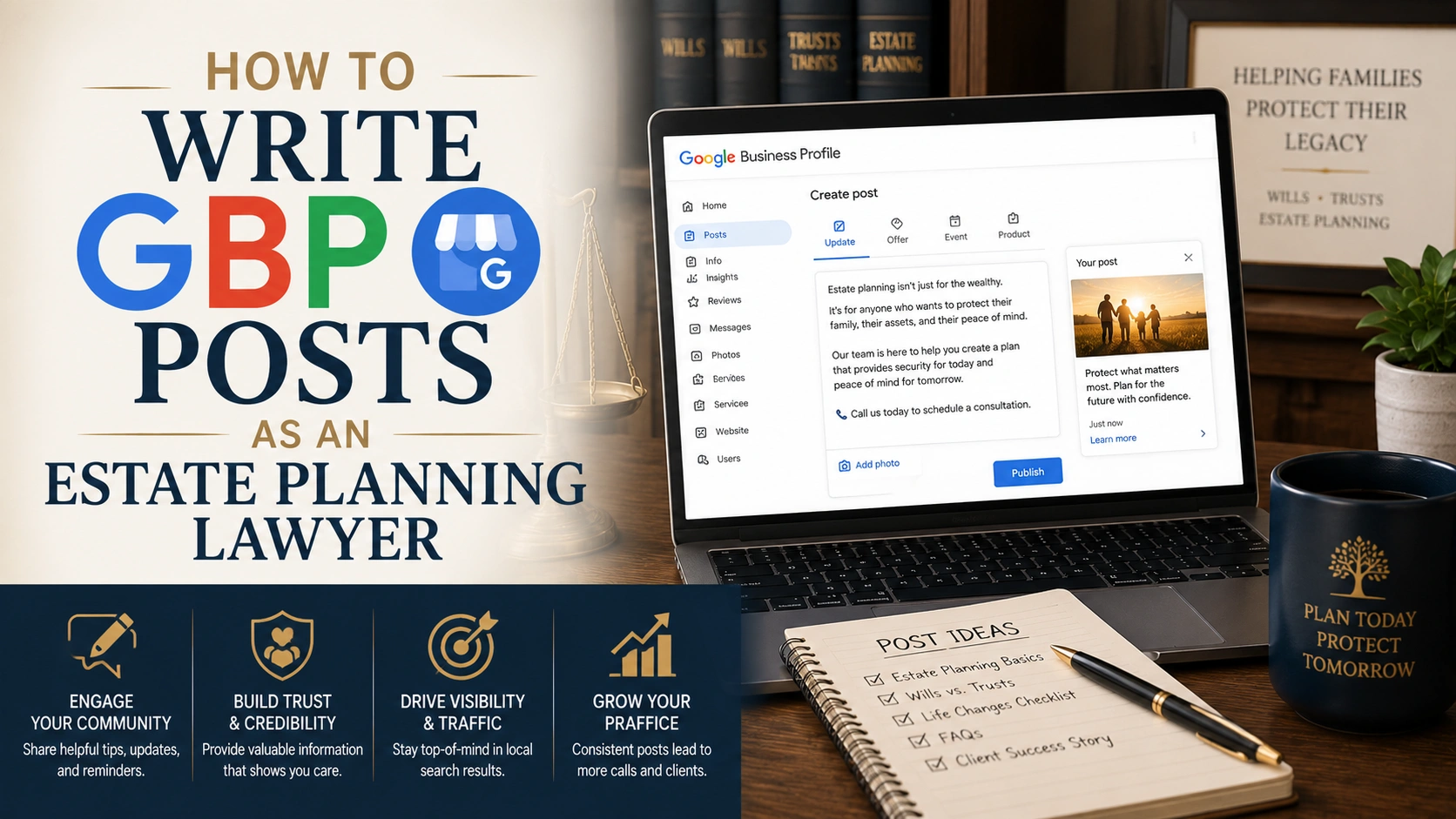 Horizontal featured image showing a laptop displaying a Google Business Profile post editor for an estate planning law firm, alongside a notebook of post ideas, legal office décor, and a coffee mug. Large text overlay reads: ‘How to Write GBP Posts as an Estate Planning Lawyer.’