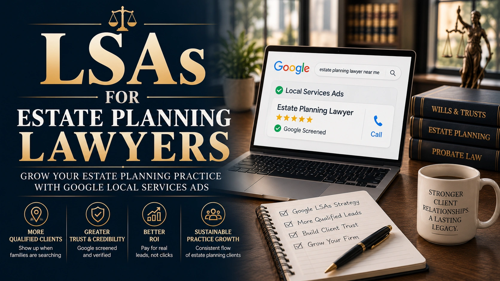 Horizontal featured image showing a law office desk with a laptop displaying Google Local Services Ads, estate planning law books, a notebook, and a Lady Justice statue. Large text overlay reads: ‘LSAs for Estate Planning Lawyers.’