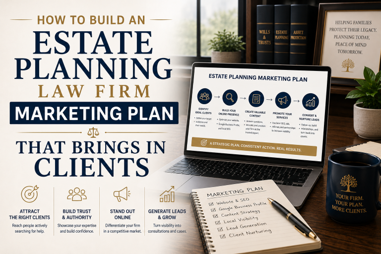 Horizontal featured image showing an estate planning law firm marketing plan on a laptop alongside a marketing checklist, legal books, and office décor. Large text overlay reads: “How to Build an Estate Planning Law Firm Marketing Plan That Brings In Clients.”