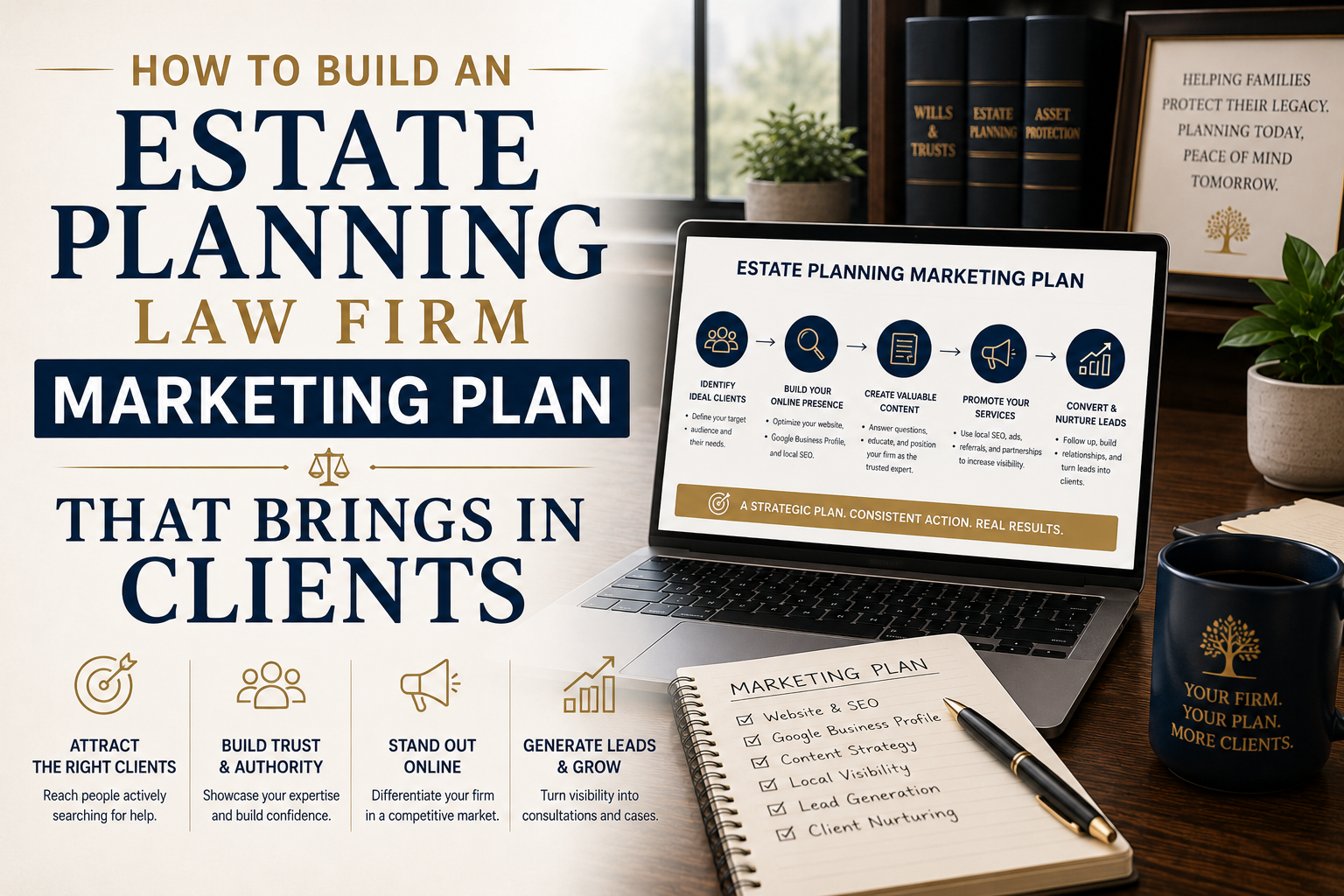 Horizontal featured image showing an estate planning law firm marketing plan on a laptop alongside a marketing checklist, legal books, and office décor. Large text overlay reads: “How to Build an Estate Planning Law Firm Marketing Plan That Brings In Clients.”